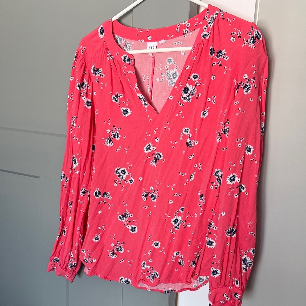 Floral V-Neck Blouse - coral and navy